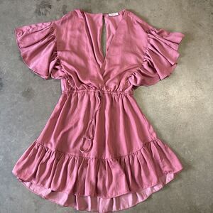 Showpo Blush Flutter Sleeve Deep V Cinched Waist Mini Dress Sundress Party Bride